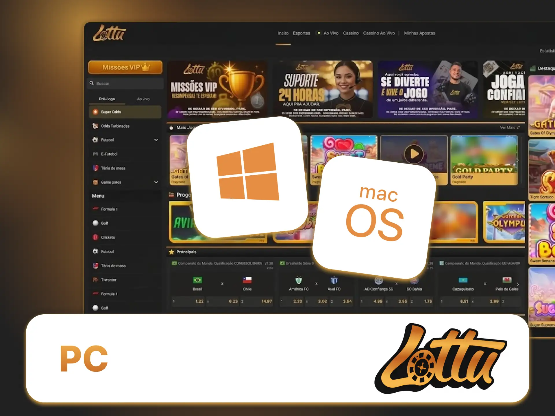 Abra o cassino Lottu no Windows ou macOS e aposte com alto desempenho.